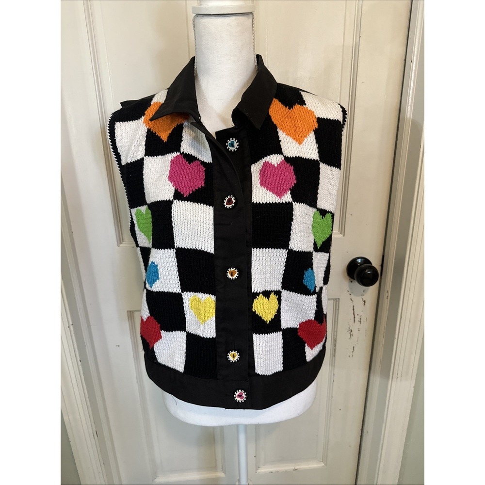 GlobeTrotter Vintage Mixed Media Knit Heart Vest W/ Heart Buttons Sz L